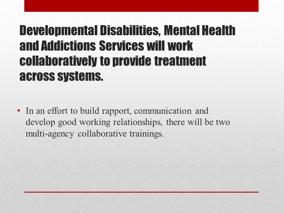 Developmental Disabilities, Mental Health and Addictions Services will work collaboratively to provide treatment across systems. In an effort to build rapport, communication and develop good working relationships, there will be two multi-agency collaborative trainings. 