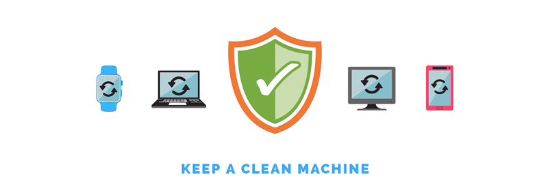 keep a clean machine with image of a watch laptop sheild monitor and cell phone 